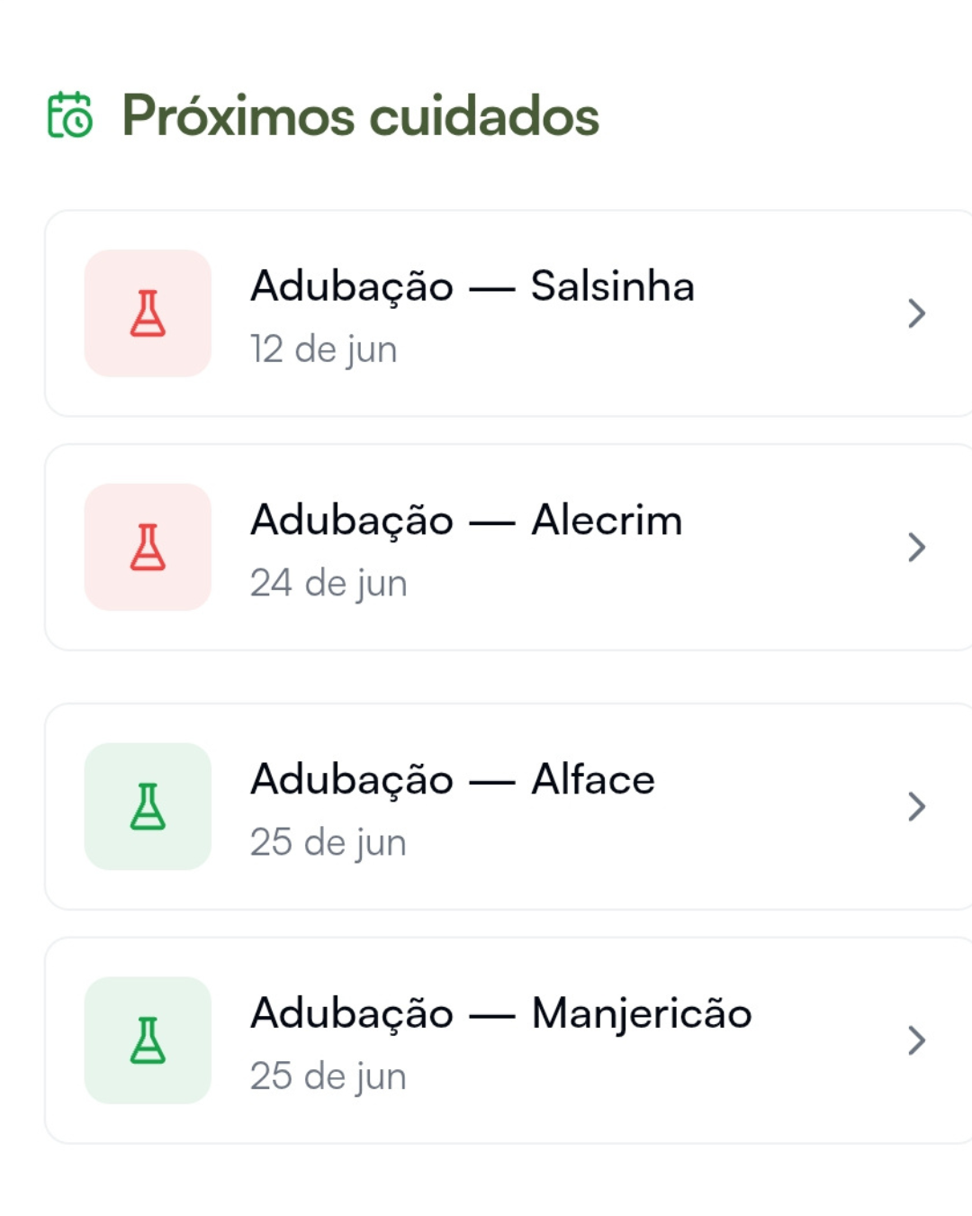 Mockup do app mostrando a lista de próximos cuidados