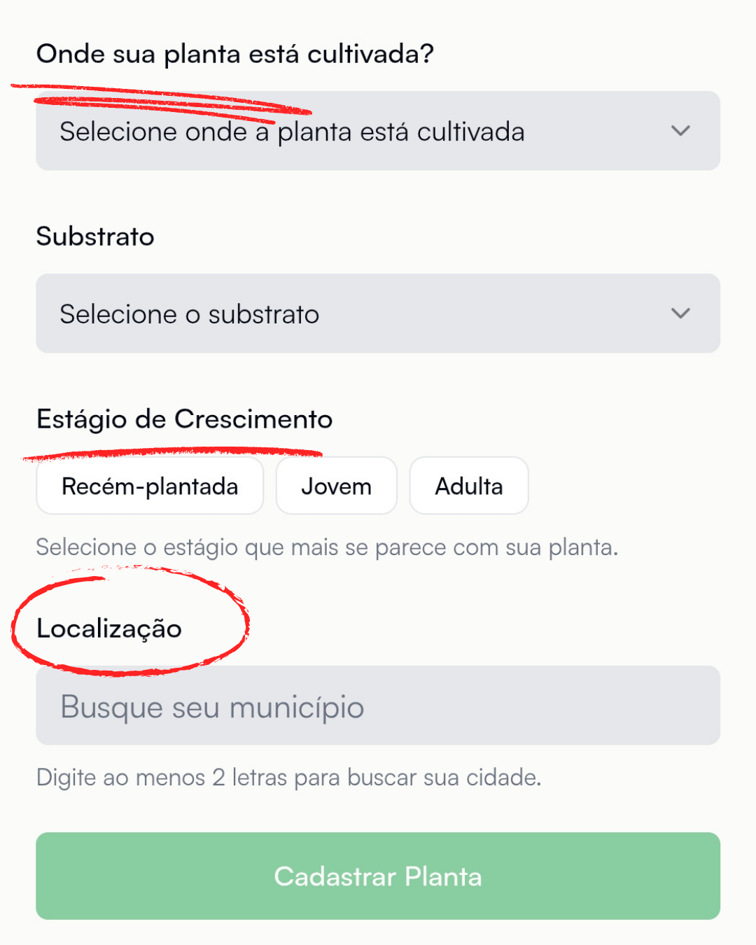 Mockup do app mostrando campos de contexto da planta