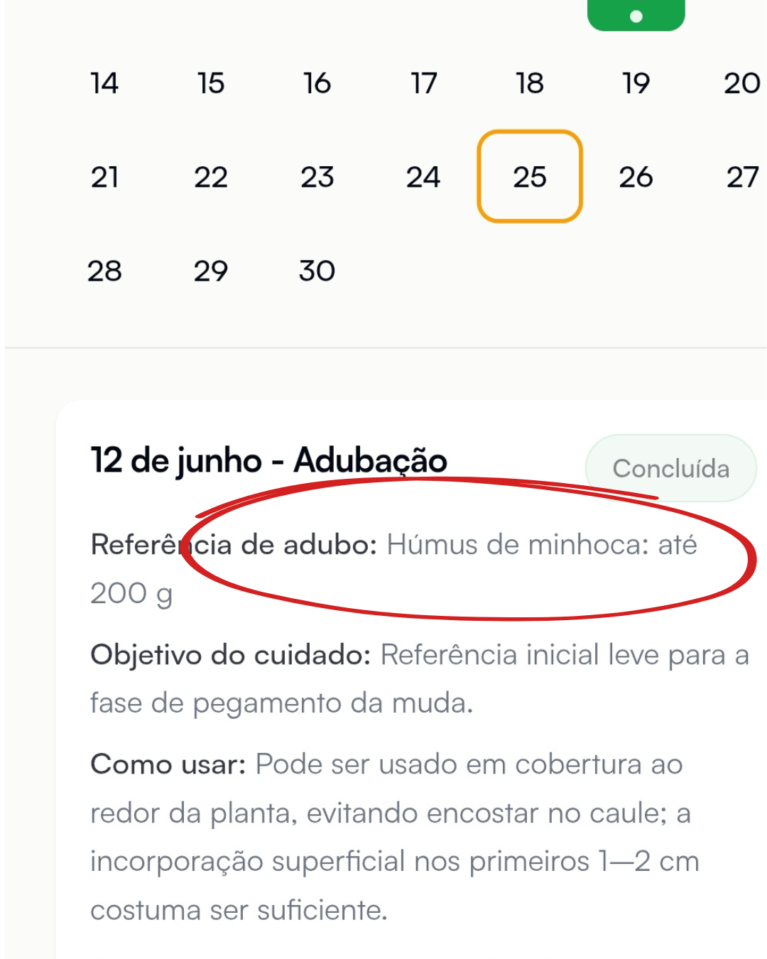 Mockup do app mostrando detalhes de uma adubação orgânica