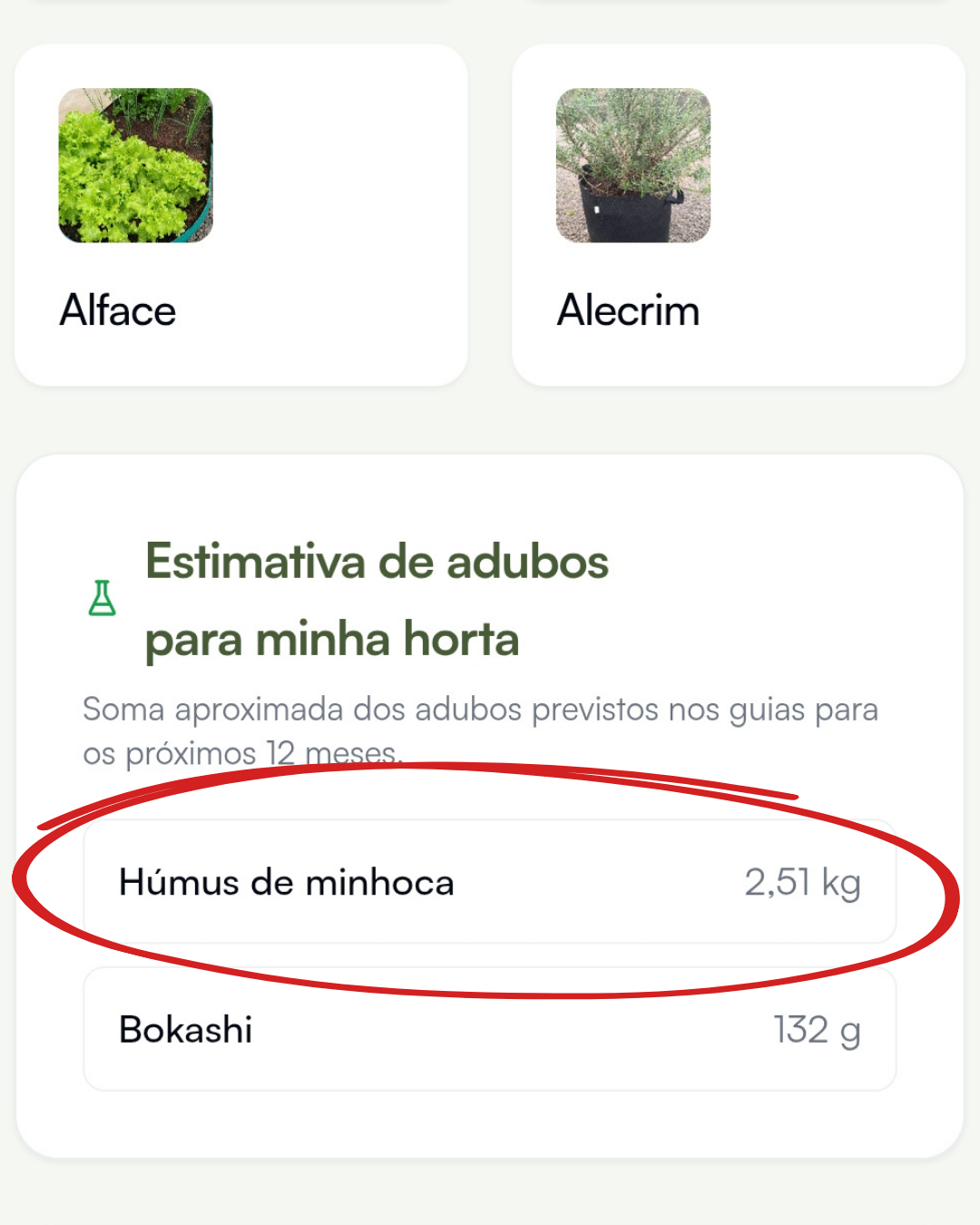 Mockup do app mostrando a estimativa de adubos