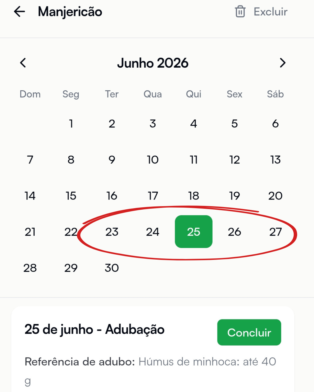 Mockup do app mostrando o calendário de adubação